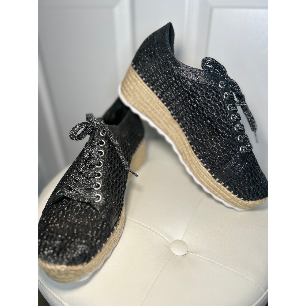 INC Asina Black Sparkle‎ Platform Sneakers Glitter Espadrilles Lace Up 10